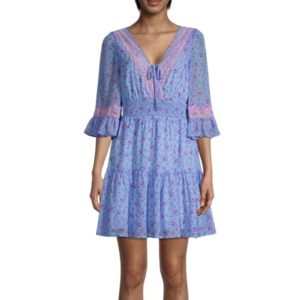 NWT! Betsey Johnson Petite Fleur Dress - Blue with Pink Floral and Lace - Size L